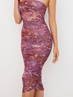 House of CB Ruched Marble-Print Bodycon Midi Dress in Purple & Pink